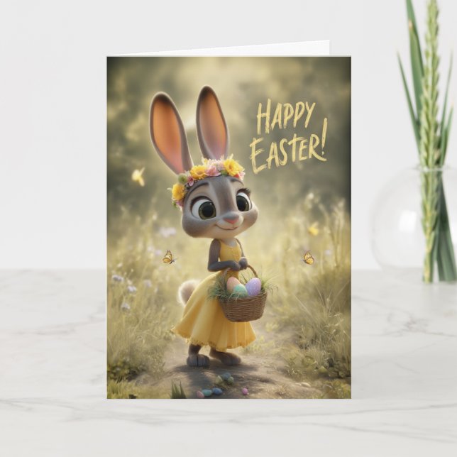 Cartão Coelho Fofo em Amarelo com Cesta do Happy Easter (Frente)