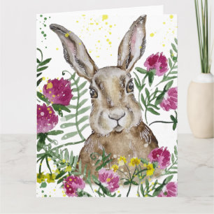 Cartão Coelho fofo em flores de aquarela
