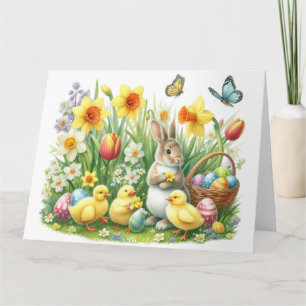 Cartão Coelho/Frango clássico/vintage de primavera