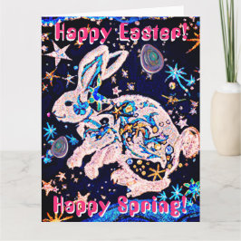 Cartão Coelho no céu com estrelas e ovos