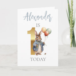 Cartão Coelho personalizado com balões Primeiro Aniversár
