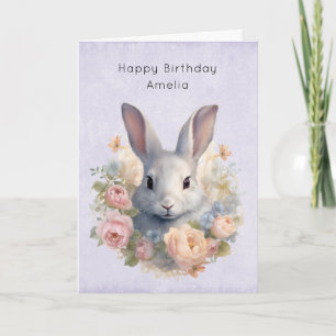 Cartão Coelho Rodeado por Flores Pastel Cute Aniversário