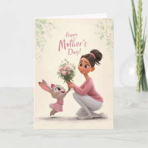 Cartão Coelho Rosa Dando Flores do Dia das Mães para a Ma