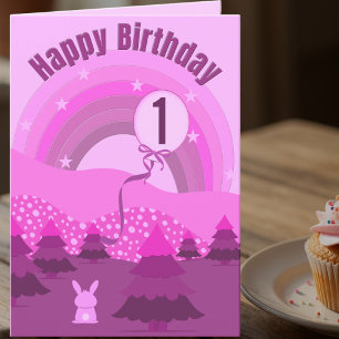 Cartão Coelho Rosa e Roxo & Arco-íris 1º Aniversário