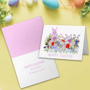 Cartão Coelho Rosa Páscoa Feliz Personalizado com Flores