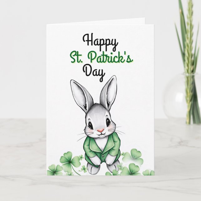 Cartão Coelho Verde Doce & Trevos Dia de São Patrício (Frente)