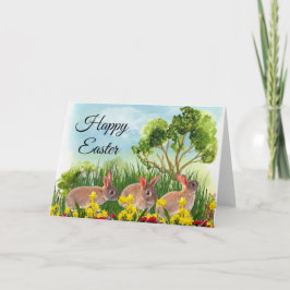 Cartão Coelhos da Temporada de Primavera no Jardim Feliz