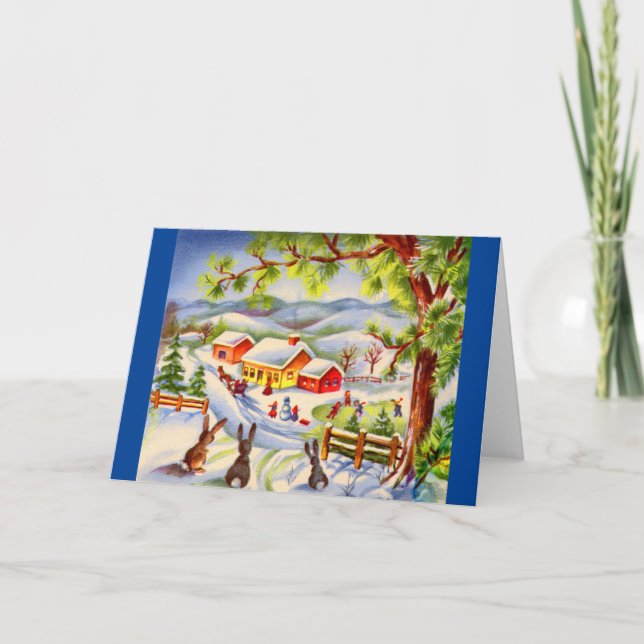 Cartão Coelhos de Natal antigos assistindo ao Natal (Frente)