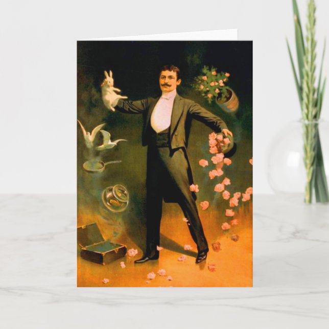 Cartão Coelhos mágicos Vintage Rosas Doves Truques mágico (Frente)