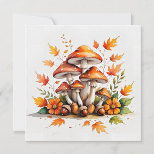 Cartão Cogumelos de Outono de Aquarelas, Bolotas, Folhas