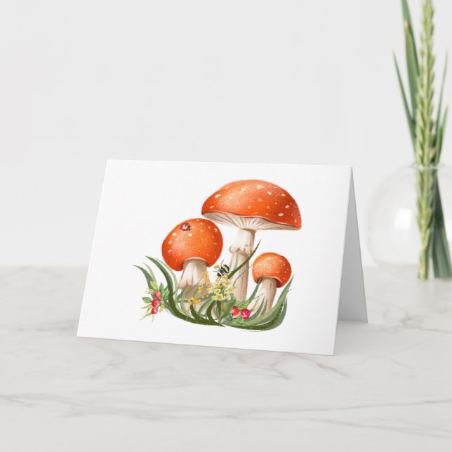 Cartão Cogumelos Selvagens Florestais Vermelhas Natureza  (Frente)