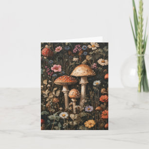 Cartão Cogumelos Whimsical e flores selvagens Botânica