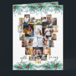 Cartão Colagem de Foto do Coração da Esposa Holly Mistlet<br><div class="desc">Cartão de Natal Fotográfico para sua esposa com colagem de fotos em forma de coração amoroso que contém 24 de suas fotos favoritas. A carta é limitada com coloração d'água holly e terras confundidas e escrita com letras elegantes com tipografia manuscrita. O modelo de foto é configurado para que você...</div>