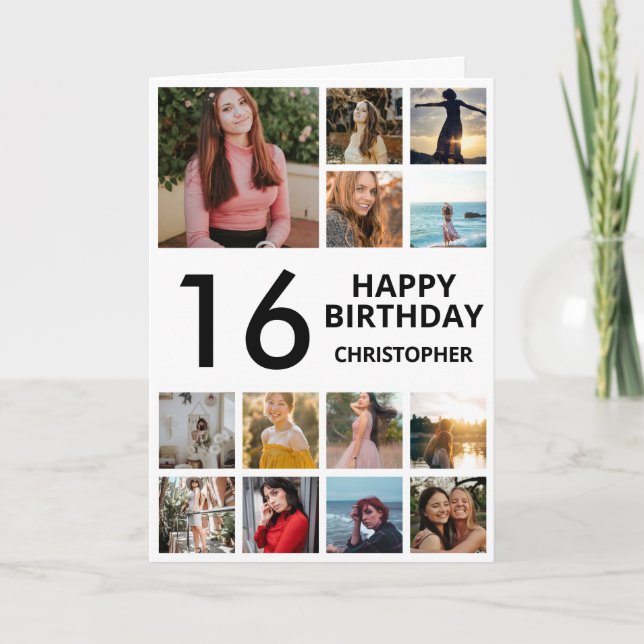 Cartão Colagem de Fotografias de 16 de Aniversário 13 Fot (Frente)