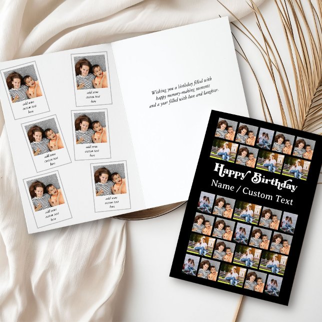 Cartão Colagem de Fotos 34 Imagens Qualquer Idade Anivers (Birthday Card with photo collage on the front and captioned snapshot pics inside)