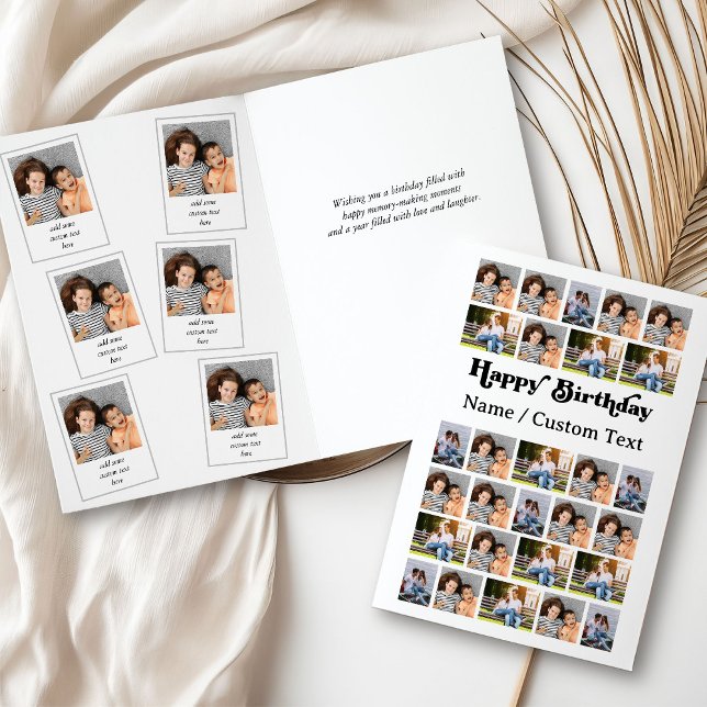 Cartão Colagem de Fotos 34 Imagens Qualquer Idade Anivers (Birthday Card with photo collage on the front and captioned snapshot pics inside)