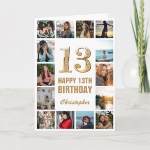 Cartão Colagem de Fotos Branca e Dourada de Aniversário