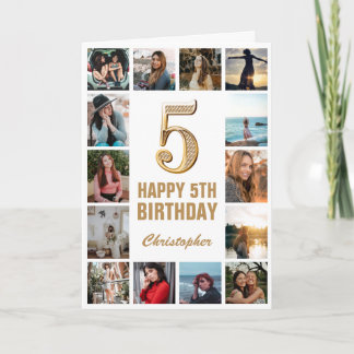 Cartão Colagem de Fotos Branca e Dourada de Aniversário d