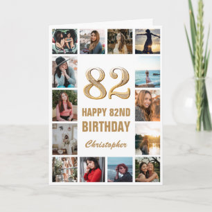 Cartão Colagem de Fotos Branca e Dourada de Aniversário F