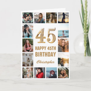 Cartão Colagem de Fotos Branca e Dourada de Feliz Anivers