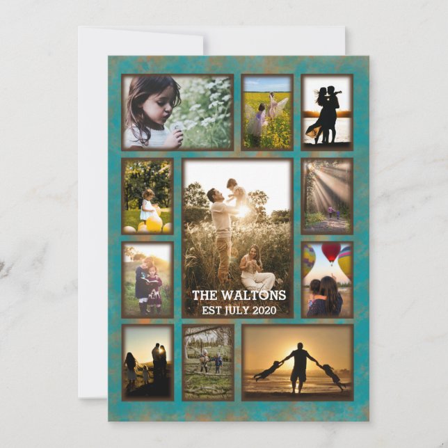 Cartão Colagem De Fotos Da Família Elegante Copper E Teal (Frente)