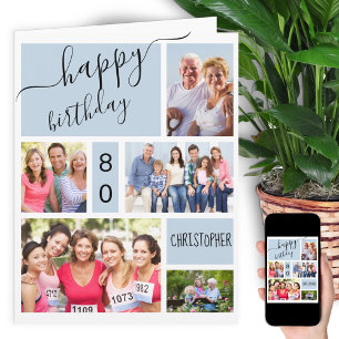Cartão Colagem de Fotos de Aniversário Personalizado Cinz