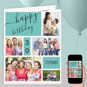 Cartão Colagem de Fotos de Aniversário Personalizado Turq