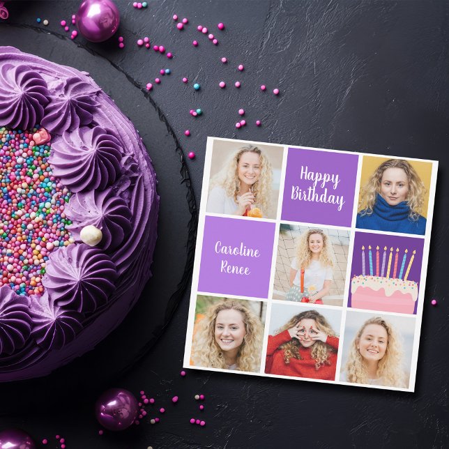 Cartão Colagem de Fotos de Aniversário Roxo Personalizada (Criador carregado)