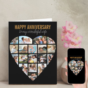 Cartão Colagem de Fotos de Coração Preta Aniversário Pers