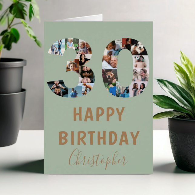 Cartão Colagem de Fotos de Feliz Aniversário do 30 Verde  (Criador carregado)