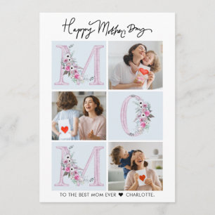 Cartão Colagem de Fotos de Mãe Floral Elegante Dia das Mã