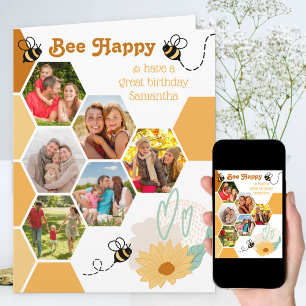 Cartão Colagem de Fotos de Mel Bee Feliz Aniversário