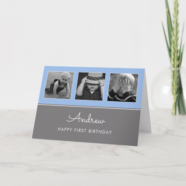 Cartão Colagem de Fotos de Três Aniversários de Um Ano Az (Frente)