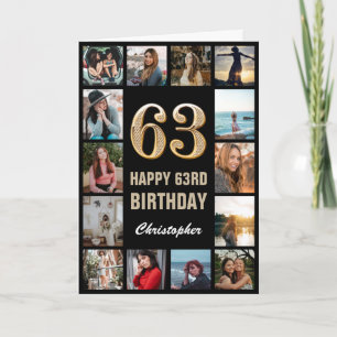 Cartão Colagem de Fotos Dourada e Preta de Aniversário F