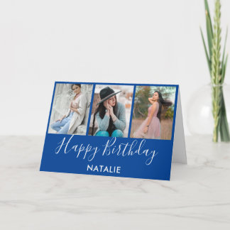 Cartão Colagem de Fotos Feliz Aniversário Azul e Branco 3