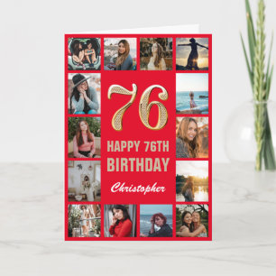 Cartão Colagem de Fotos Feliz Aniversário Vermelho e Dou