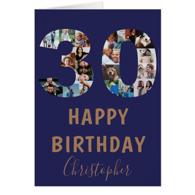Cartão Colagem de Fotos Feliz de Aniversário do 30 Azul M (Frente)