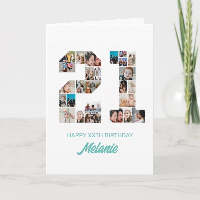Cartão Colagem de Fotos Personalizada do Número 21 do ani (Frente)