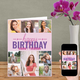Cartão Colagem de Fotos Personalizada Rosa Aniversário Qu