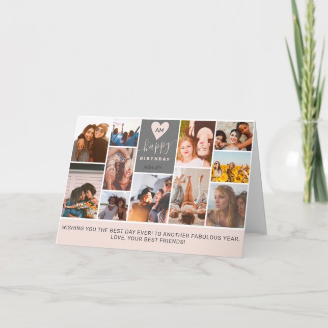 Cartão Colagem de fotos rosa com monograma legal moderno (Frente)