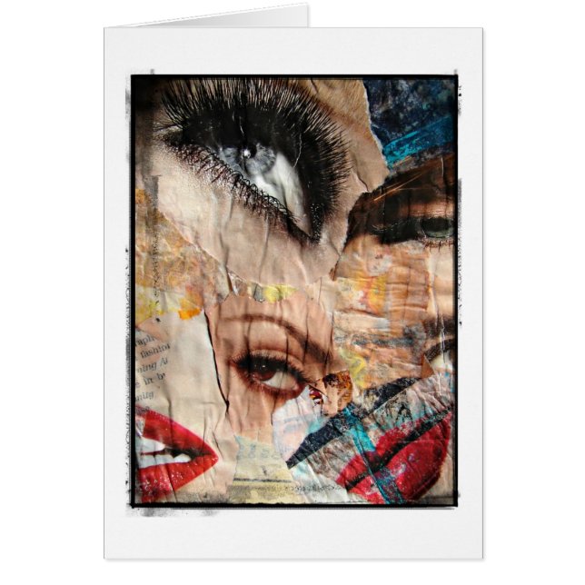 Cartão Colagem de Olhos e Lábios com Borda Grunge, Para Q (Frente)