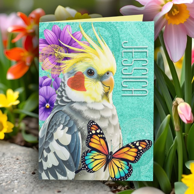 Cartão Colagem De Primavera De Vibrante Para Cockatiel Wh (Colorful cockatiel art with butterfly and flowers - personalized all occasion card for bird lovers!)