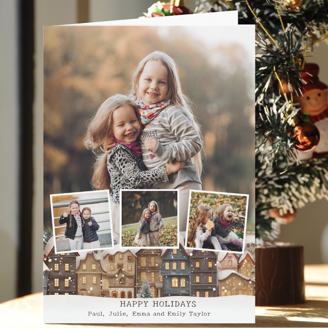 Cartão Colagem de Quatro Fotos da Vila Snowy Winter (Criador carregado)