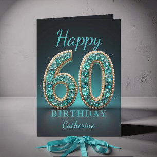 Cartão Colar de Pérola Teal Diamante Glam 60º Aniversário