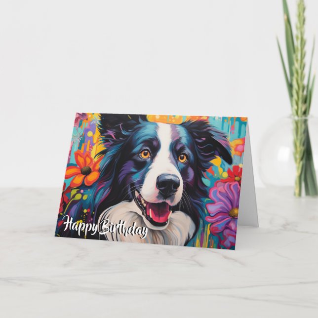 Cartão Collie de borda de desenho em um jardim personaliz (Frente)