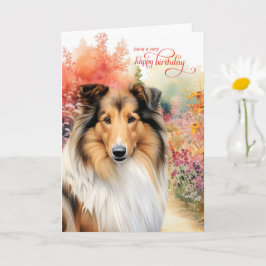 Cartão Collie Dog Birthday Wishes Flower Garden