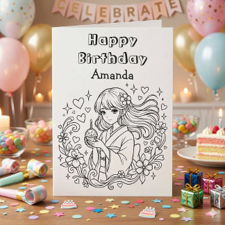 Cartão Color Me | Anime Girl and Cupcake Birthday