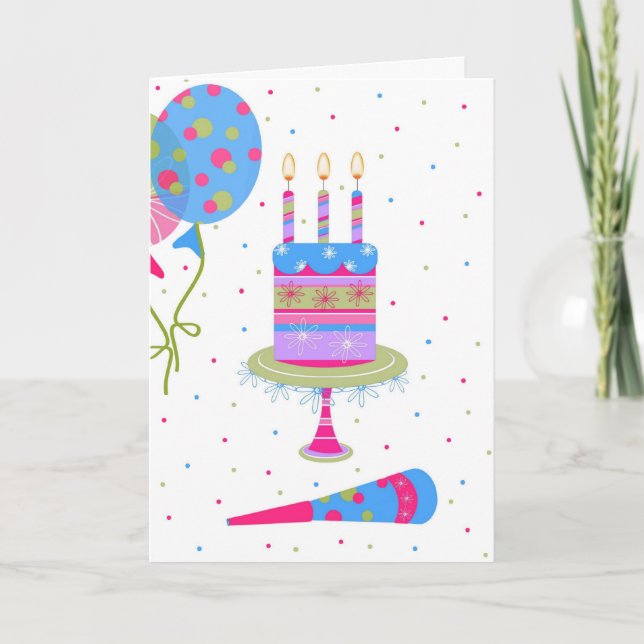 Cartão Colorful Balloons and Cake Birthday Card (Frente)