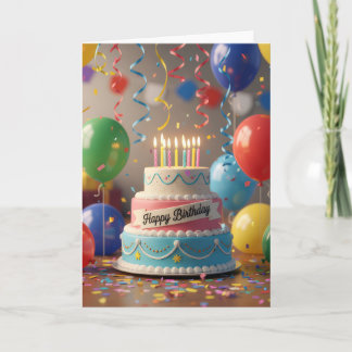 Cartão Colorful Celebration Cake & Balloons Birthday Card