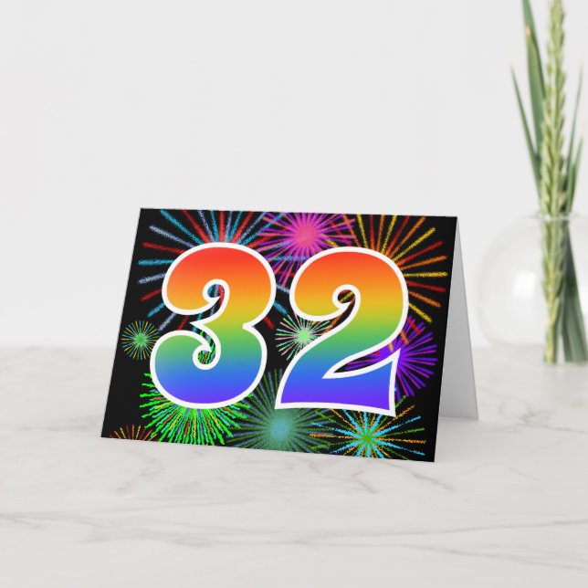 Cartão Colorful Fireworks + Rainbow Pattern "32" Event # (Frente)